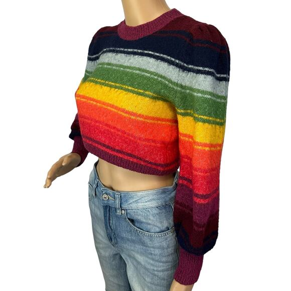 Zara Rainbow Cropped Sweater Puff Long Sleeve Striped Wool Blend Pullover Size S - Picture 7 of 14